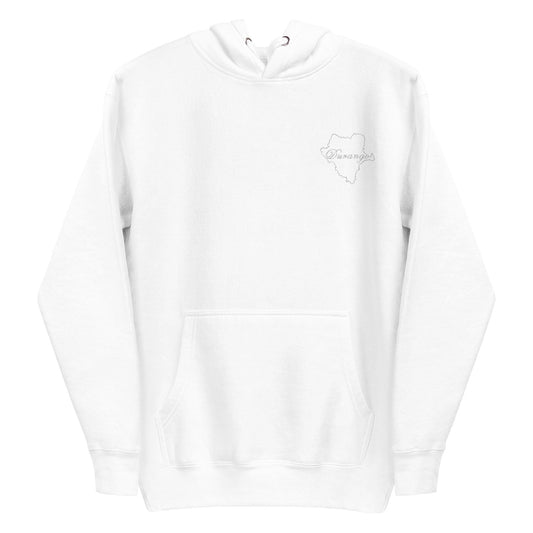 White unisex hoodie with front kangaroo pocket and drawstring hood