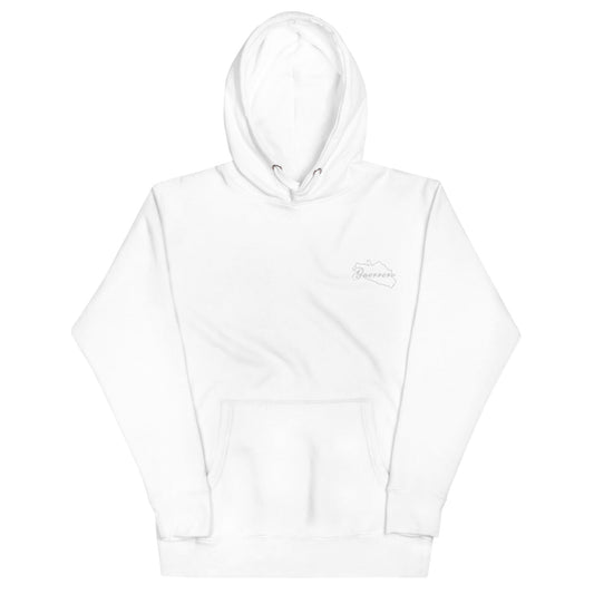 White unisex pullover hoodie with front kangaroo pocket and adjustable drawstring hood