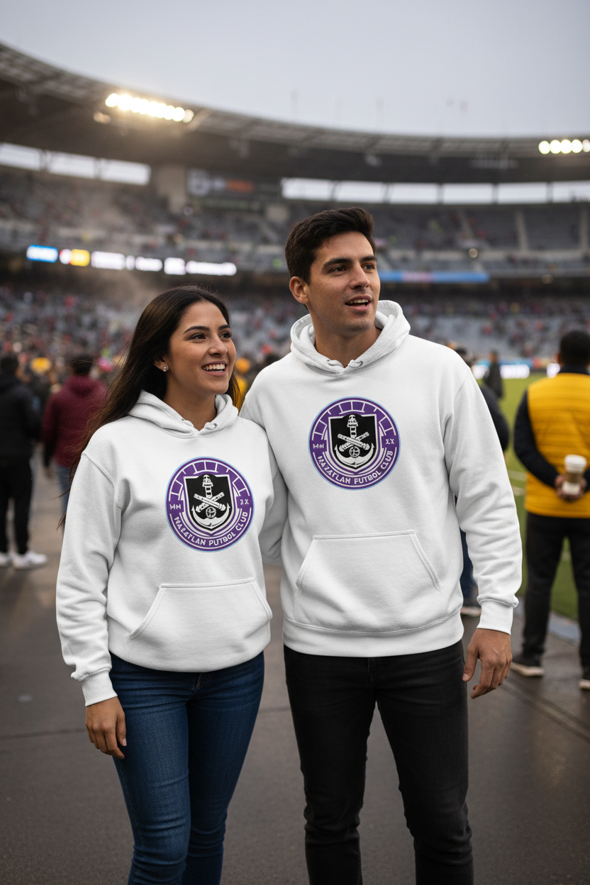 A man and a woman standing in a stadium, both wearing matching white Mazatlan hoodies with a purple and black circular logo printed on the chest.