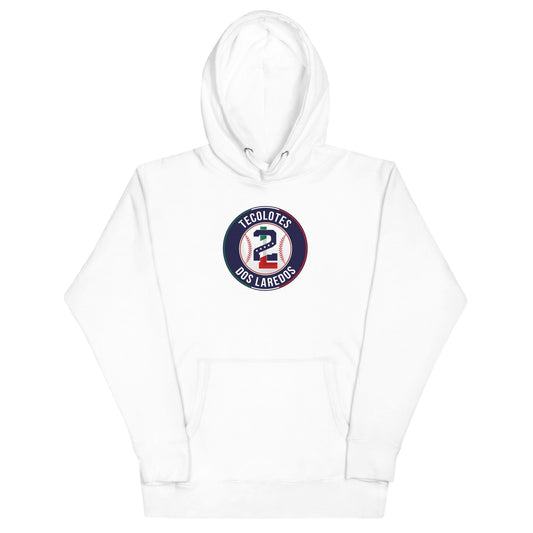 White hoodie with a Tecolores Dos Laredos graphic logo on the front, featuring a hood and a front pouch pocket.