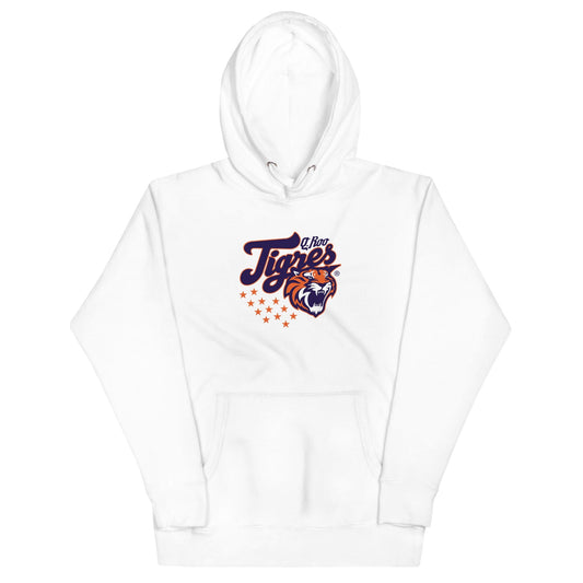 White hoodie with 'Tigres' text and a tiger graphic on the front.