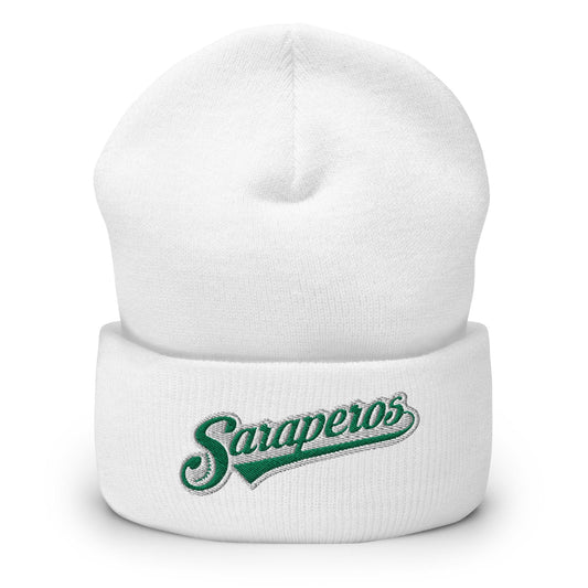 A white cuffed beanie with the 'Saraperos' logo embroidered on the fold.