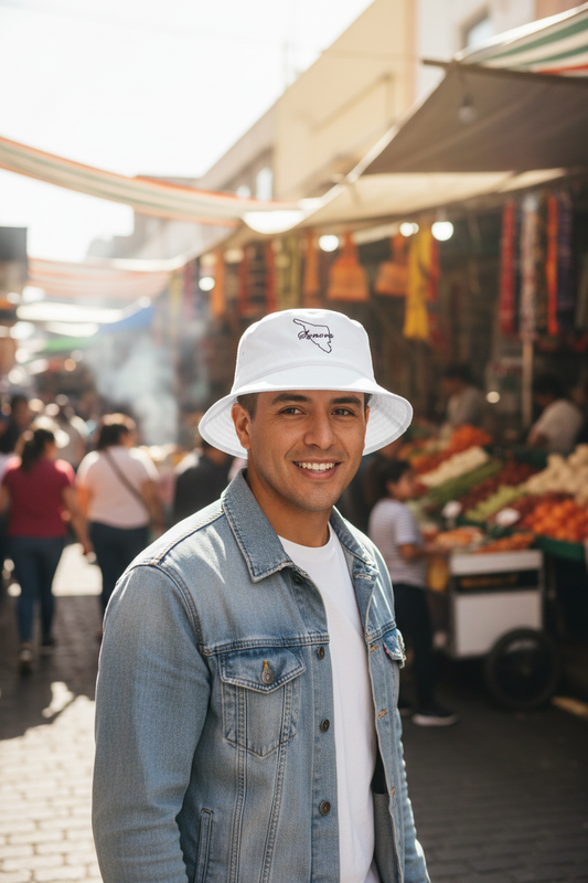 A smiling man wearing a white Sonora bucket hat with a black logo and a light blue denim jacket over a white t-shirt, standing in a sunny outdoor market street.