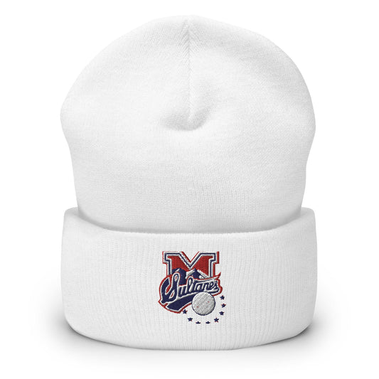 A white cuffed beanie with a logo on the front that represents the Monterrey Sultans sports team.
