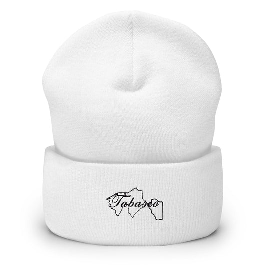 White beanie with 'Tabasco' text embroidered on the cuffed beanie.