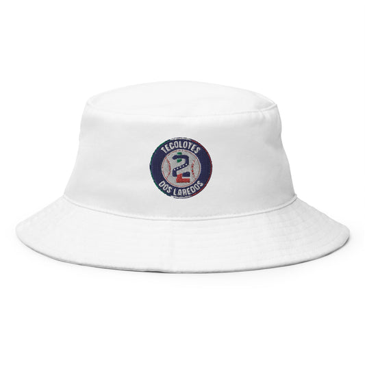 White cotton Tecolotes dos Laredos twill bucket hat with a logo on the front.