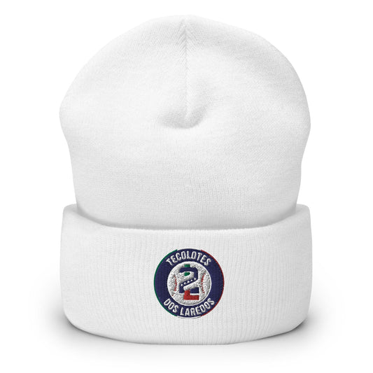 A white cuffed beanie with Tecolotes de los dos laredos embroidered logo on the front side.