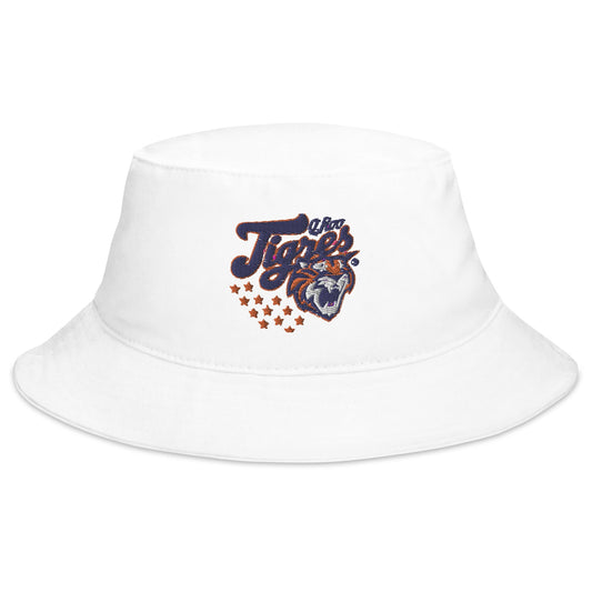 White cotton twill bucket hat with a Tigres de Quintana Roo logo on the front.