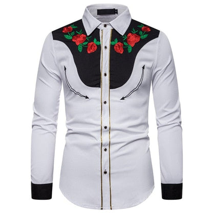 Camisa vaquera occidental para hombre 2021, camisa abotonada con bordado floral rosa a la moda, camisas de vestir de manga larga ajustadas para hombre, Camisa XXL