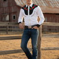 Men's long sleeve button-up white shirt with red rose floral embroidery on the chest area.