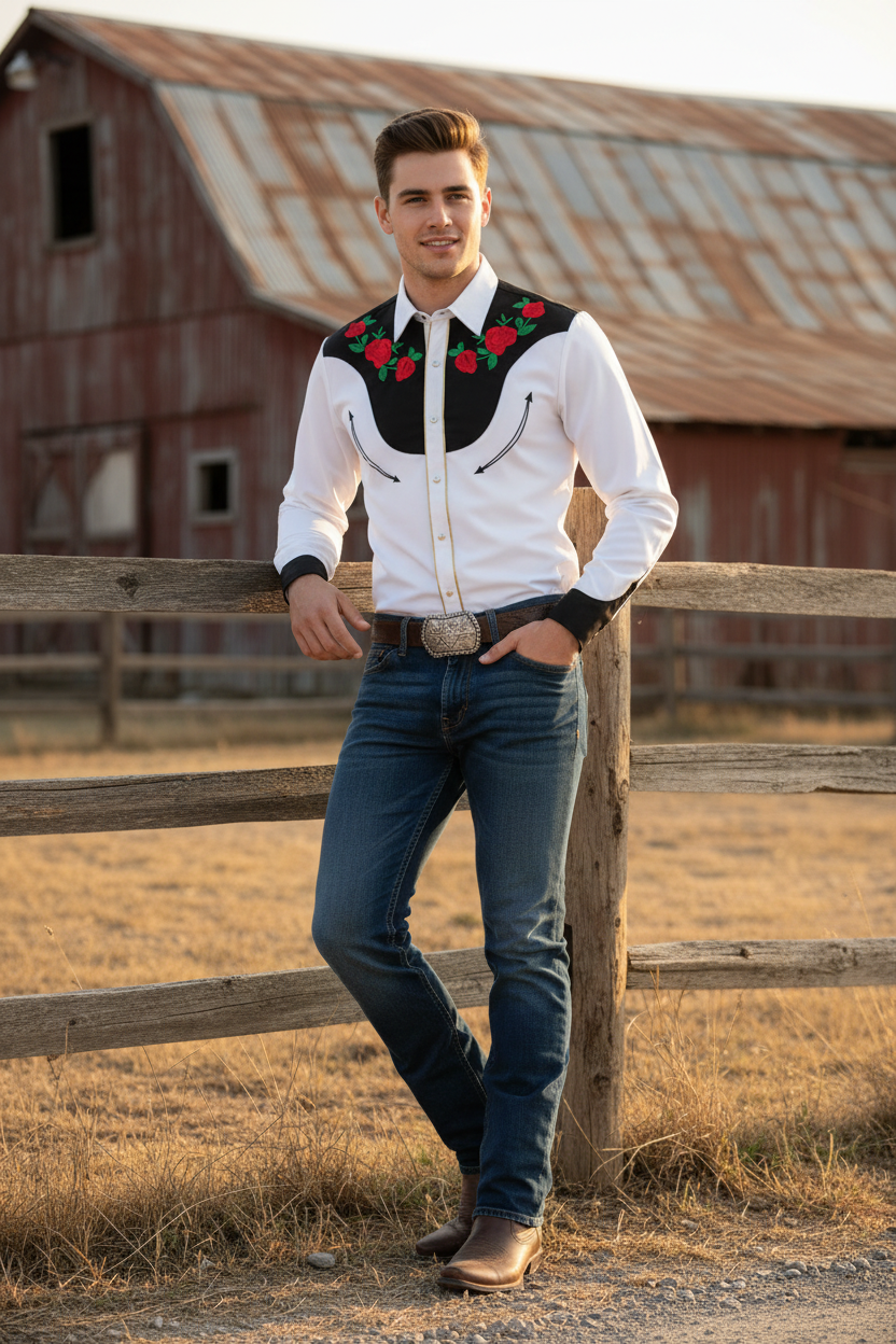 Men's long sleeve button-up white shirt with red rose floral embroidery on the chest area.