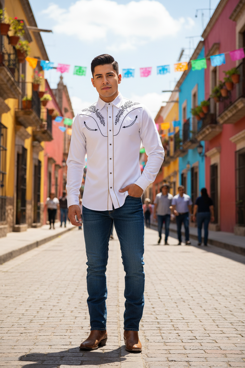 A man wearing a white long-sleeve western-style shirt with silver embroidery on the chest, blue jeans, and brown boots, standing on a colorful cobblestone street lined with vibrant buildings.