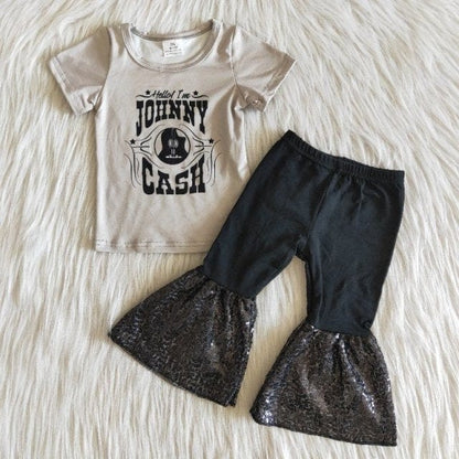 Baby girls singer outfit set with beige Johnny Cash tee and black flared glitter pants