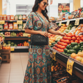 A woman wearing a colorful, patterned bohemian maxi dress and sunglasses stands in a grocery store produce aisle, holding a black woven clutch bag.