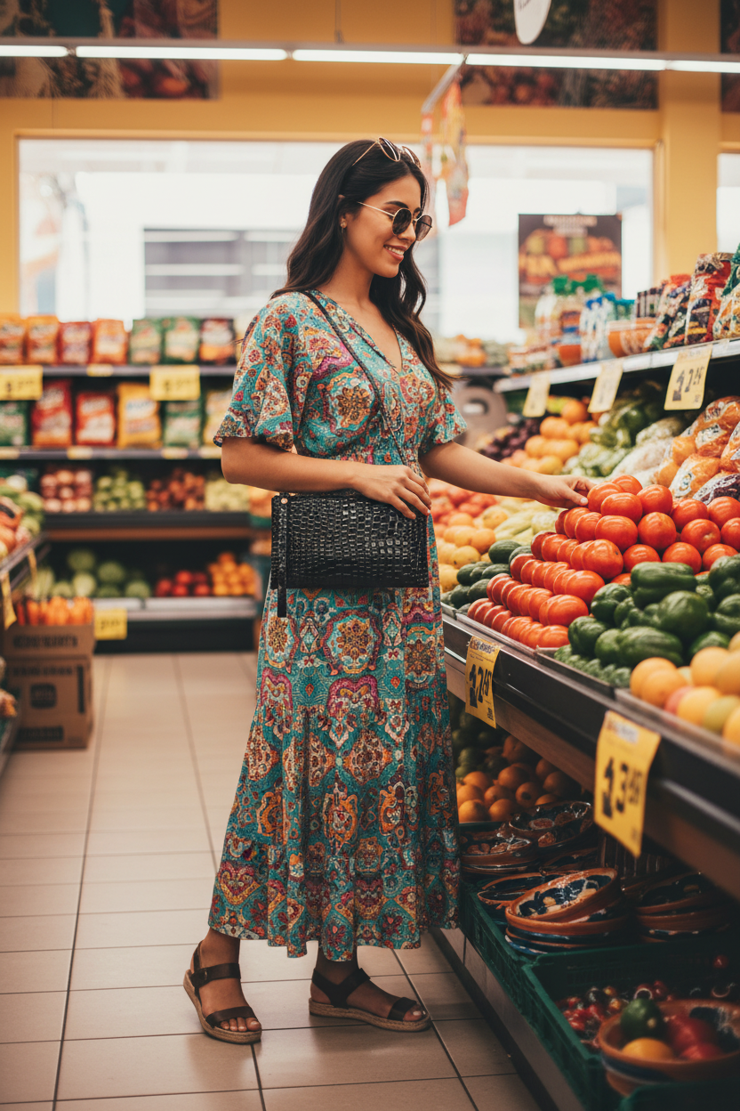 A woman wearing a colorful, patterned bohemian maxi dress and sunglasses stands in a grocery store produce aisle, holding a black woven clutch bag.