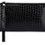Women's black croc-embossed clutch purse with wrist strap, zip top