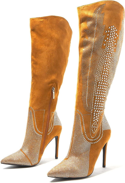 Women’s tan knee-high cowboy boots with rhinestone studded swirl panels and stiletto heel