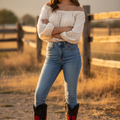 A black women's leather cowgirl boot with red rose floral embroidery and a square toe.