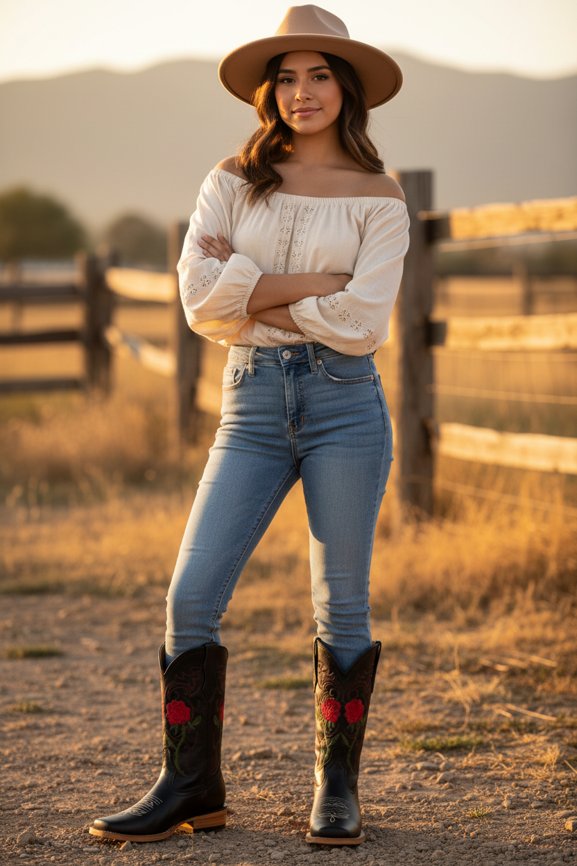 A black women's leather cowgirl boot with red rose floral embroidery and a square toe.