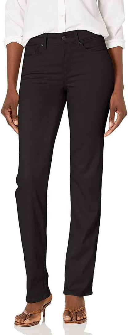 A pair of women's straight leg black denim jeans, showing the front view with a zipper closure and five pockets.