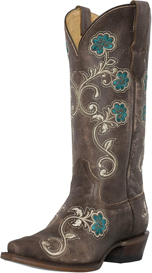 Women'S Western Cowgirl Boots – Florence Heritage Square Snip Toe By Silver Canyon, Embroidered Leather , Brown, 7.5