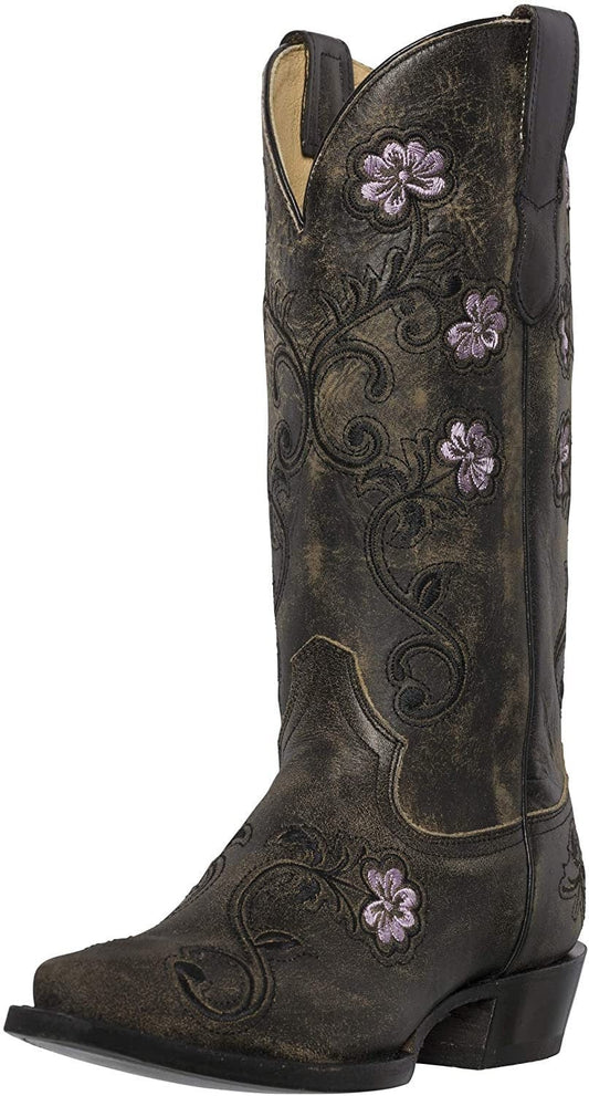 Women'S Western Cowgirl Boots – Florence Heritage Square Snip Toe By Silver Canyon, Embroidered Leather , Brown, 7.5
