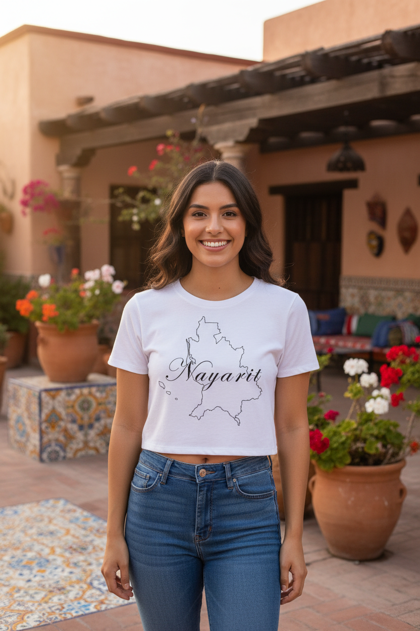 A woman wearing a white crop t-shirt with the text 'Nayarit' printed on the front, paired with blue jeans.