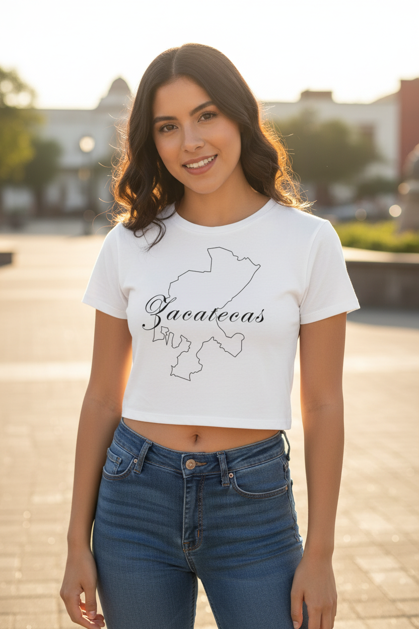 A woman wearing a white short-sleeved crop t-shirt with the text 'Zacatecas' printed on the front, paired with blue denim jeans.