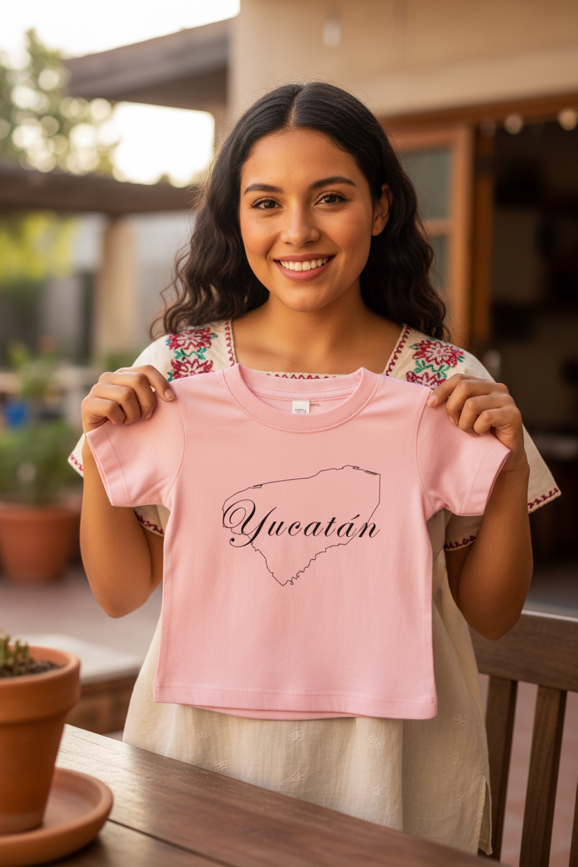 A short-sleeved pink T-shirt with 'Yucatán' written in a stylized font, suitable for a baby.