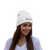White knit beanie with embroidered script logo on front and folded cuff.