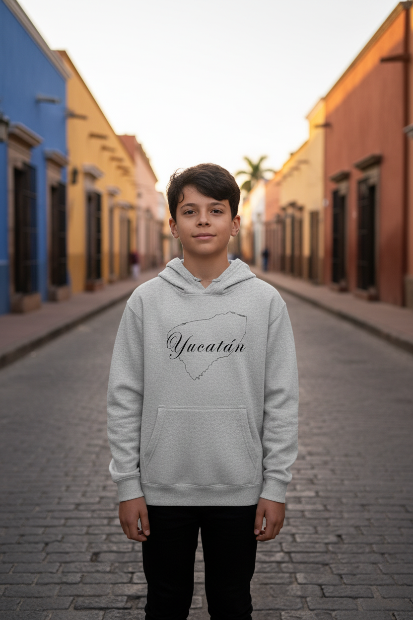 A young boy stands on a cobblestone street wearing a light gray hoodie with 'Yucatán' printed in black script inside a map outline. Colorful buildings line both sides of the street in the background.