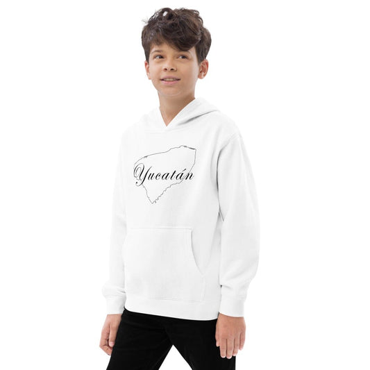 White fleece hoodie with hood, kangaroo pocket, Yucatan map graphic on chest.
