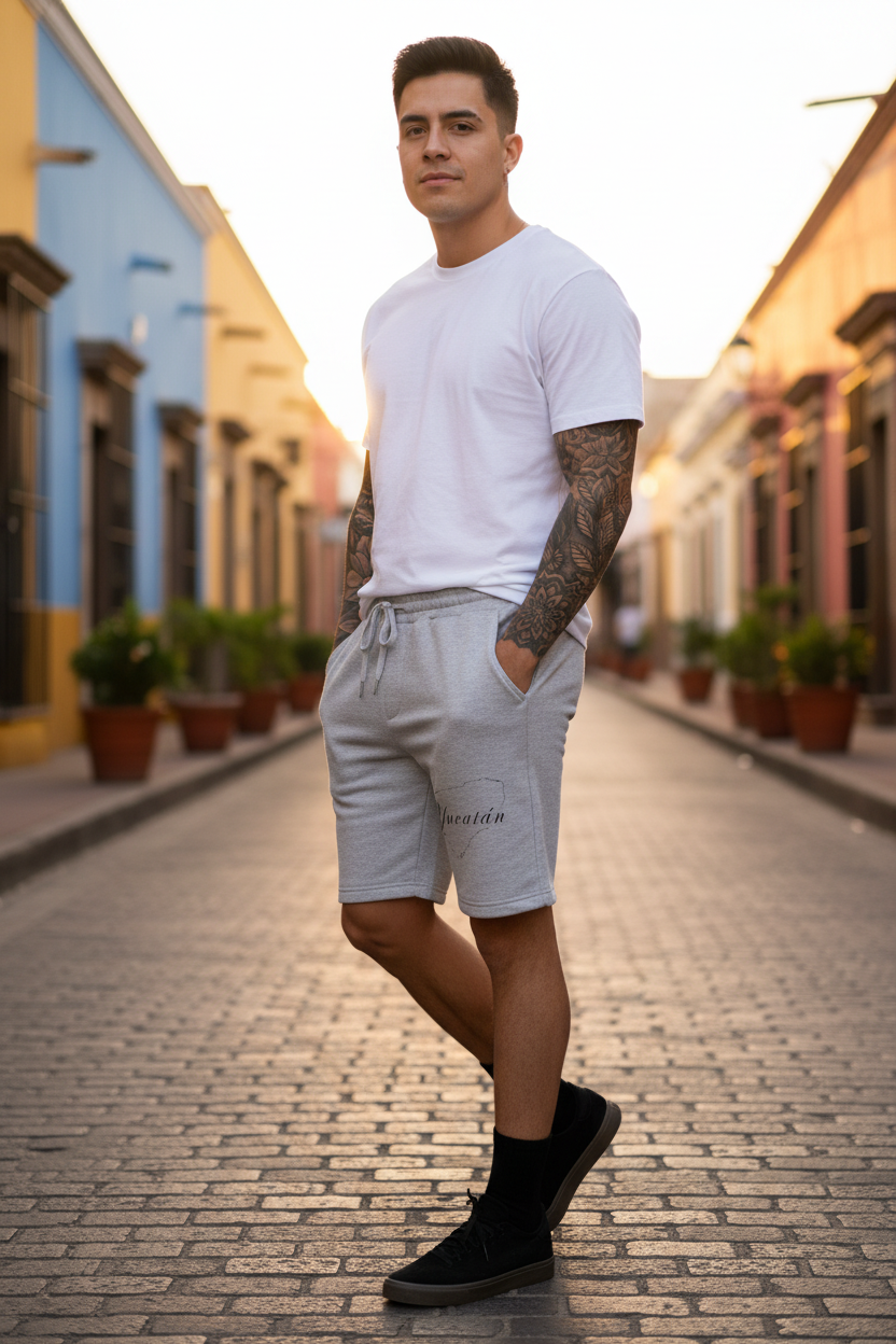 A man wearing a white crewneck t-shirt and light gray drawstring sweat shorts stands on a cobblestone street lined with colorful buildings.