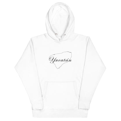 A white hoodie with a 3 panel hood and front pouch pocket, featuring the text 'Yucatán' on the front.
