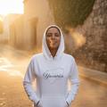 A white hoodie with a 3 panel hood and front pouch pocket, featuring the text 'Yucatán' on the front.