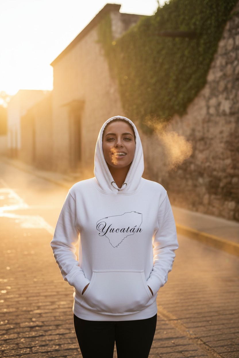 A white hoodie with a 3 panel hood and front pouch pocket, featuring the text 'Yucatán' on the front.