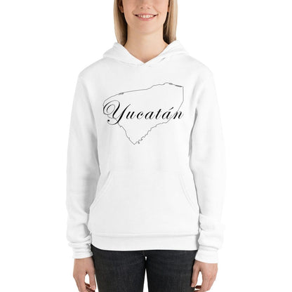 A woman wearing a white hoodie with the word 'Yucatán' printed in black script on the front.