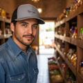 A gray Yucatan snapback trucker cap with a black visor featuring white embroidery of the Yucatan shape on the front.