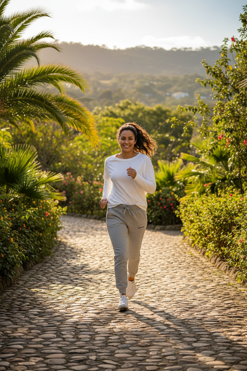 A woman jogging on a cobblestone path surrounded by lush green tropical plants and hills under warm sunlight.