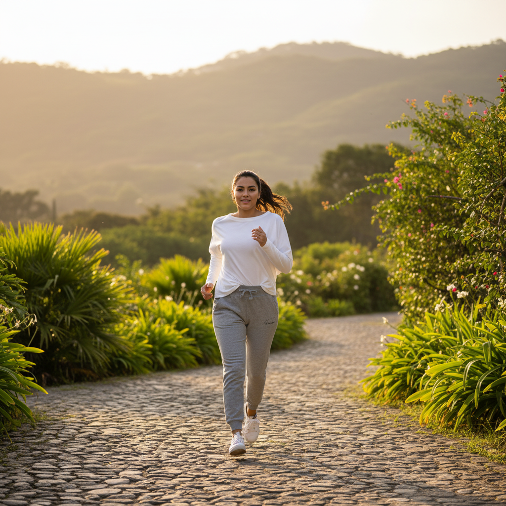 A woman jogging on a cobblestone path surrounded by lush green bushes and hills under warm golden sunlight.