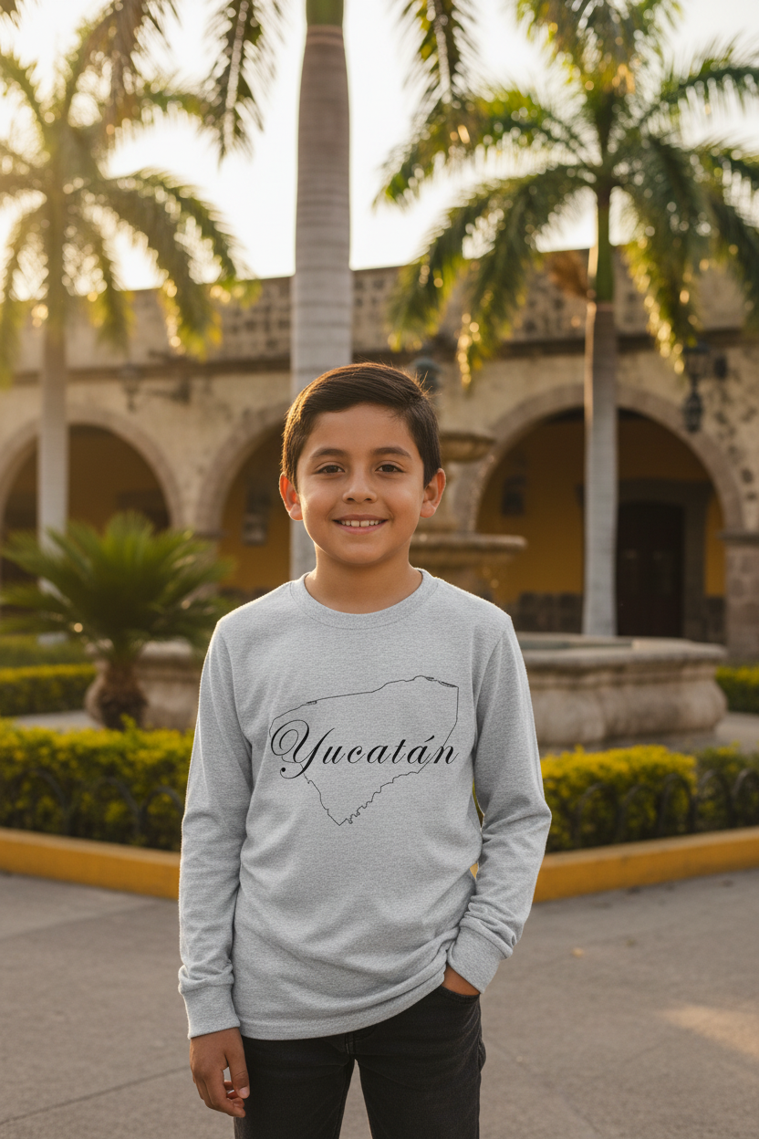 A child wearing a long sleeve white t-shirt with the text 'Yucatan' printed on the front.