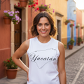 A man wearing a white sleeveless muscle shirt with the text 'Yucatán' printed on the front.