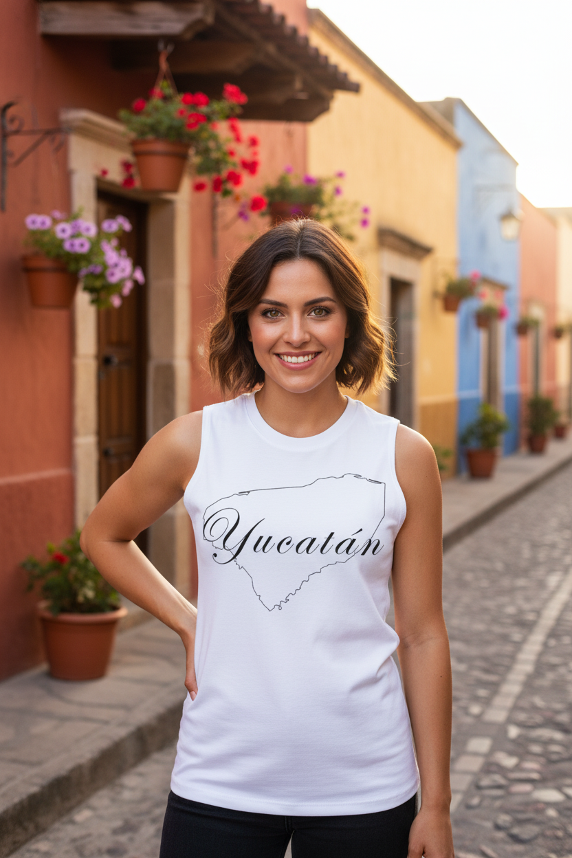 A man wearing a white sleeveless muscle shirt with the text 'Yucatán' printed on the front.