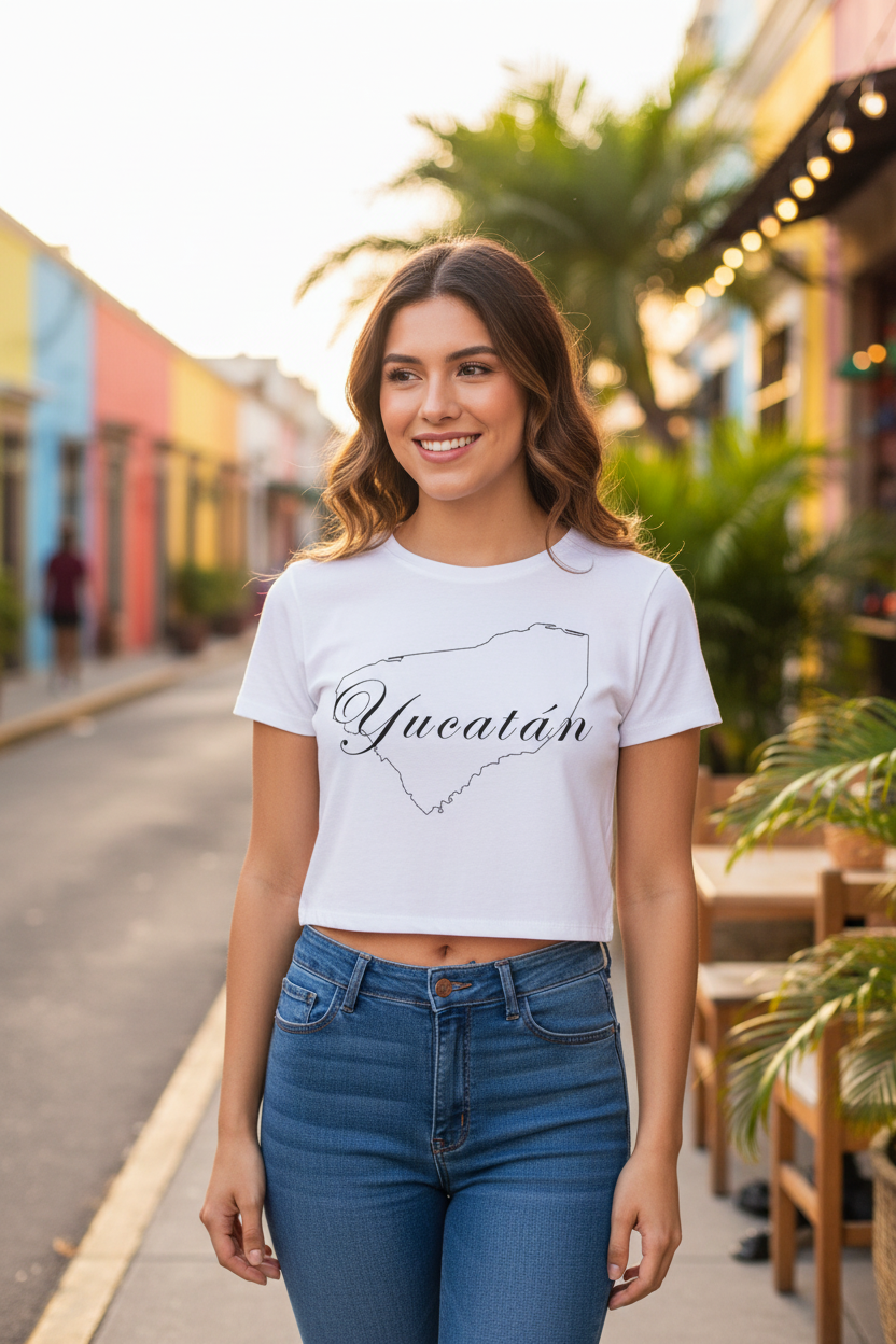 A woman stands on a colorful outdoor street wearing a white cropped T-shirt with a black outline of Yucatán and the word 'Yucatán' printed across the chest, paired with blue jeans.
