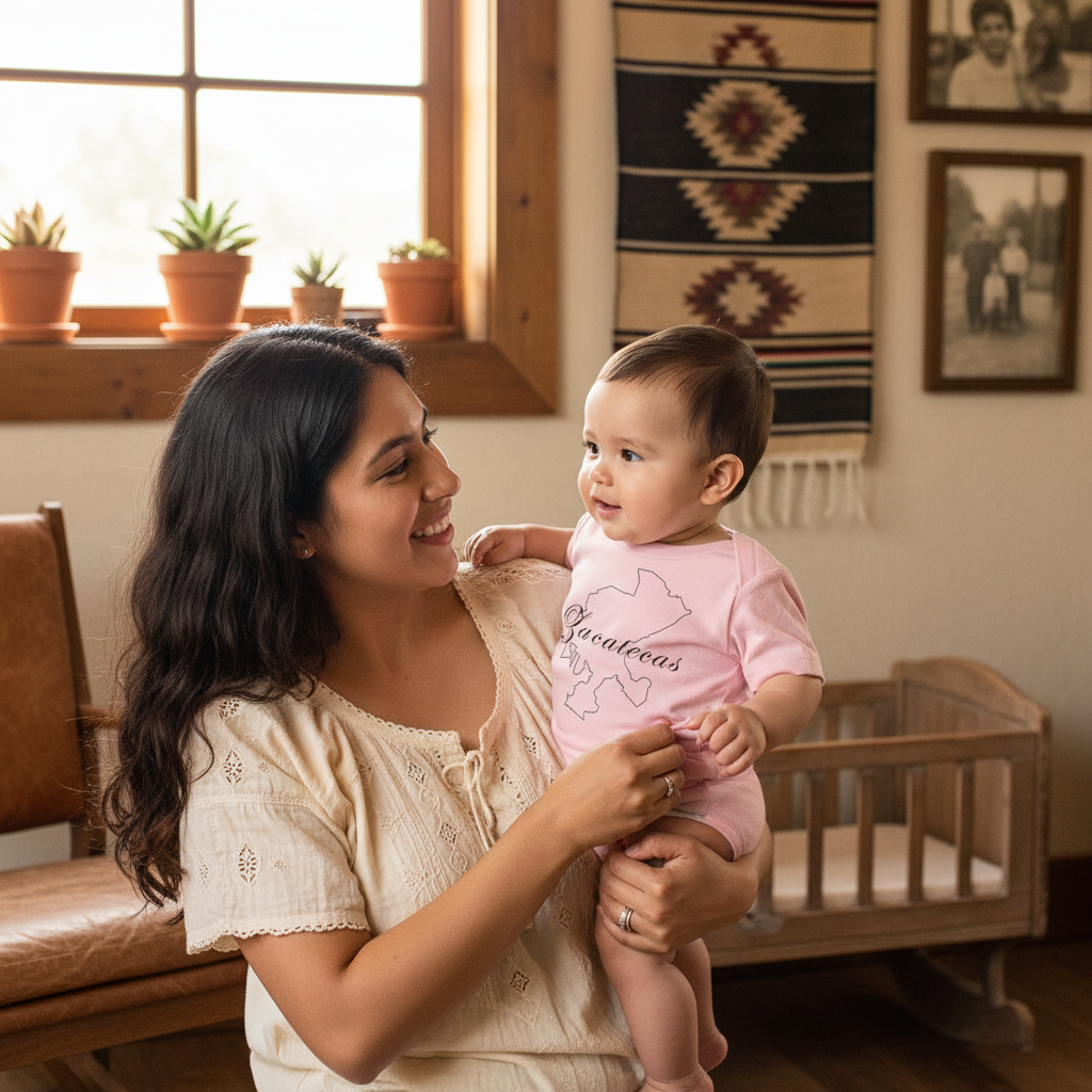 A pink short-sleeved baby T-shirt with ' Zacatecas ' text and a graphic design in black.