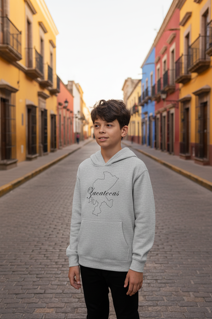 A young boy stands on a cobblestone street wearing a light gray hoodie with a black graphic of the state of Mexico and the word 'Zacatecas' written across the chest, with colorful colonial-style buildings lining the street in the background.