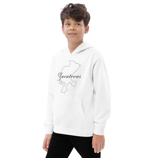 White fleece hoodie with kangaroo pocket, hood, and Zacatecas map graphic