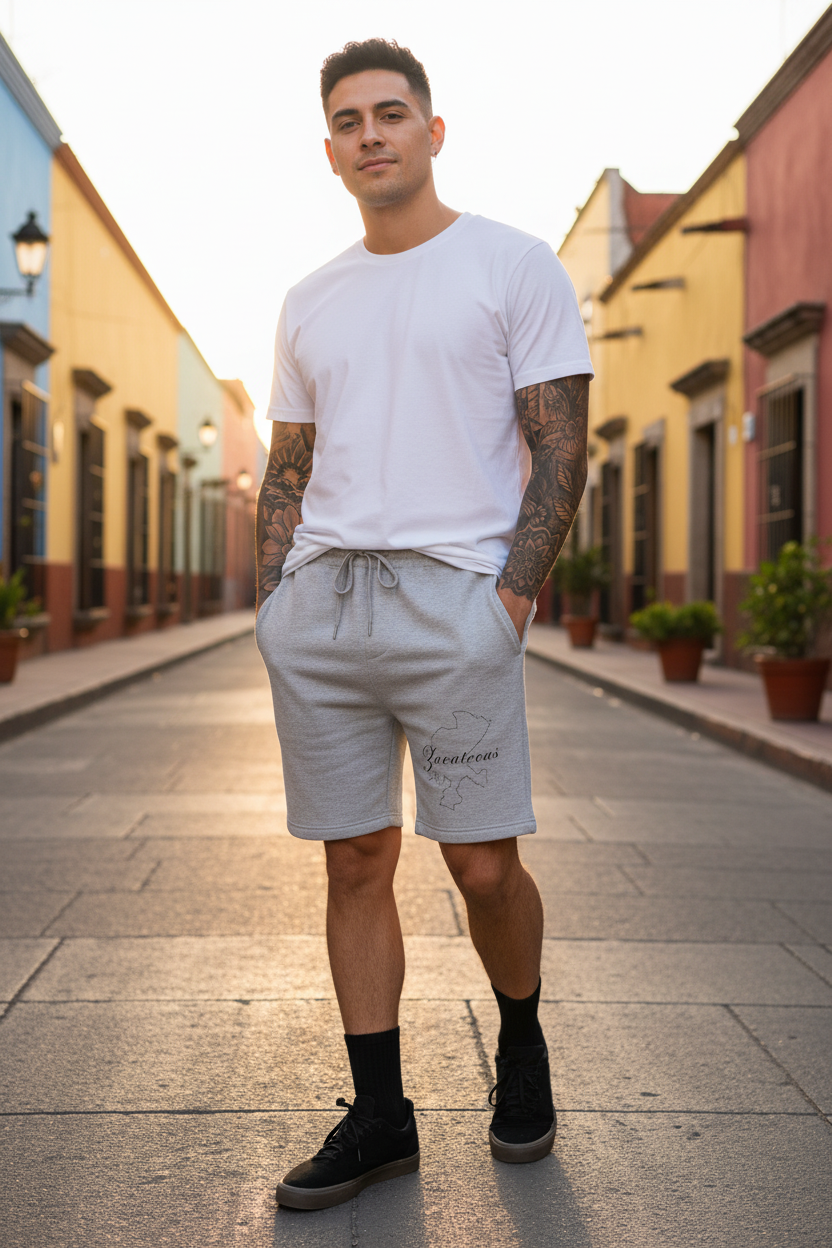 A person wearing gray fleece shorts with an elastic waistband and drawstring, featuring a front pocket and printed text on the left leg.