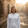 A woman wearing a white hoodie with the text 'Zacatecas' and a silhouette of the Zacatecas state map in black.