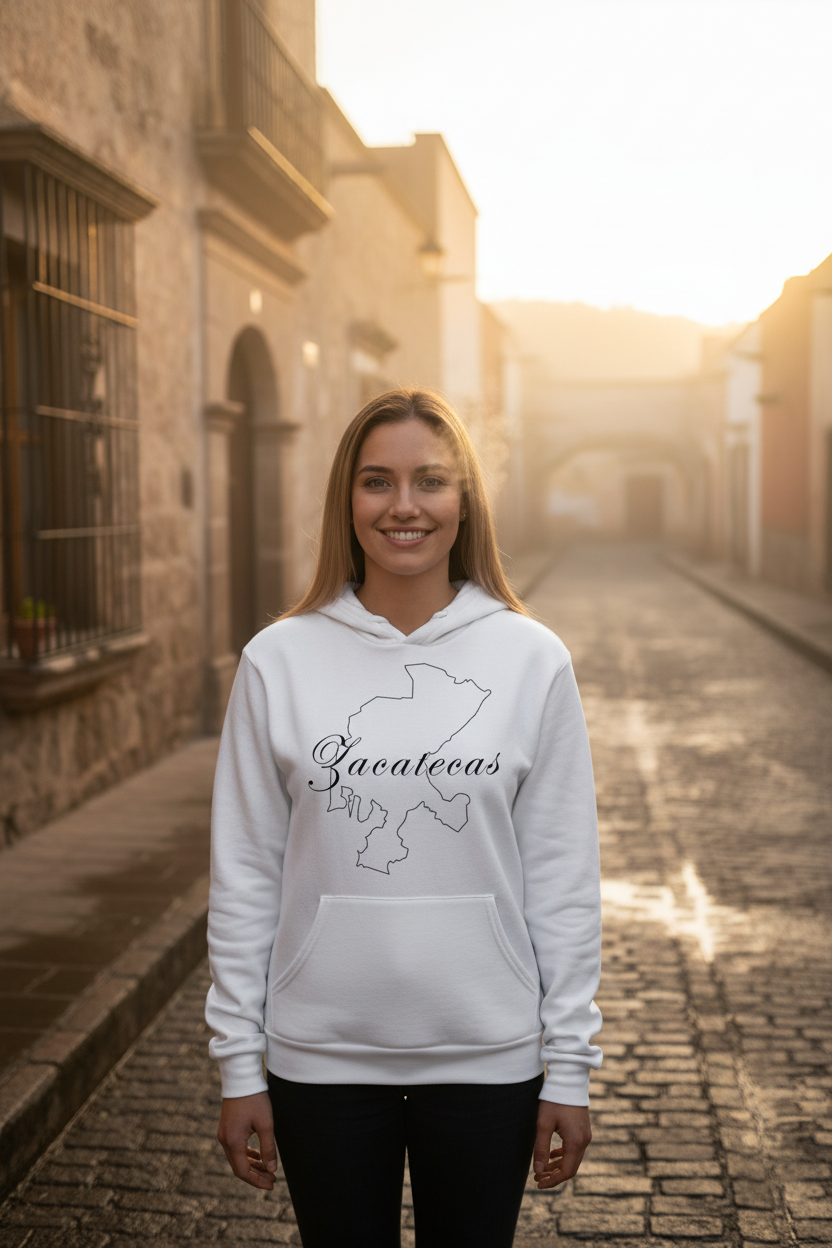 A woman wearing a white hoodie with the text 'Zacatecas' and a silhouette of the Zacatecas state map in black.